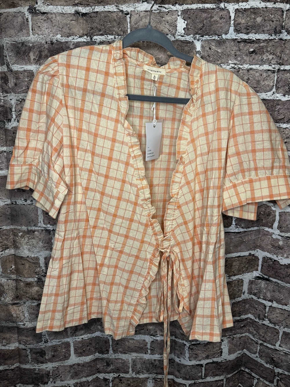 Ruffled Tie-Front Plaid Blouse in Coral and Cream